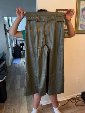 Olive Green Faux Leather Wide Leg Pants with Belt XL.